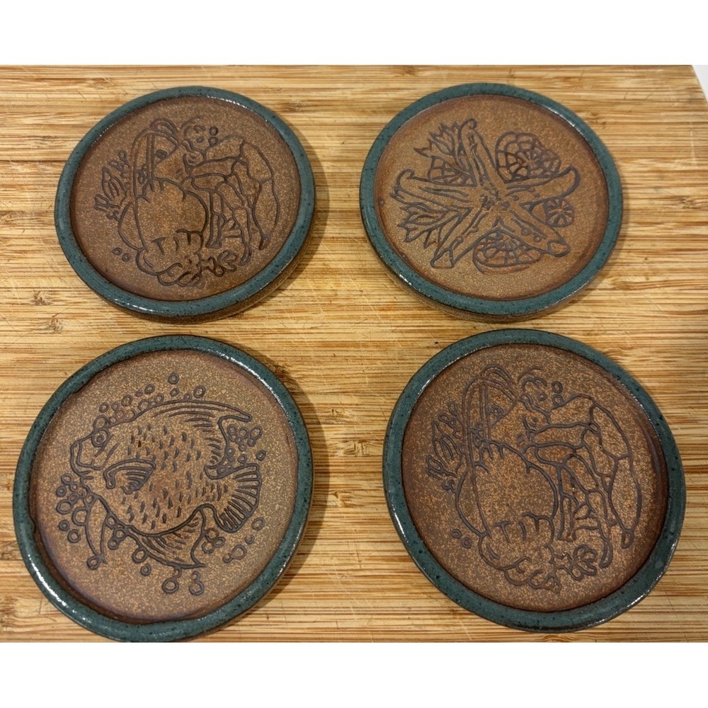 Sea Life Themed Etched Ceramic Coasters Set Of Four Cork Bottoms Fish Crab Star
